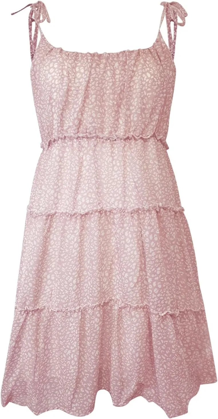 Floral Sundresses for Women Chiffon Mini Dress Spaghetti Strap A Line Vacation Dress Cute Smocked Sun Dresses