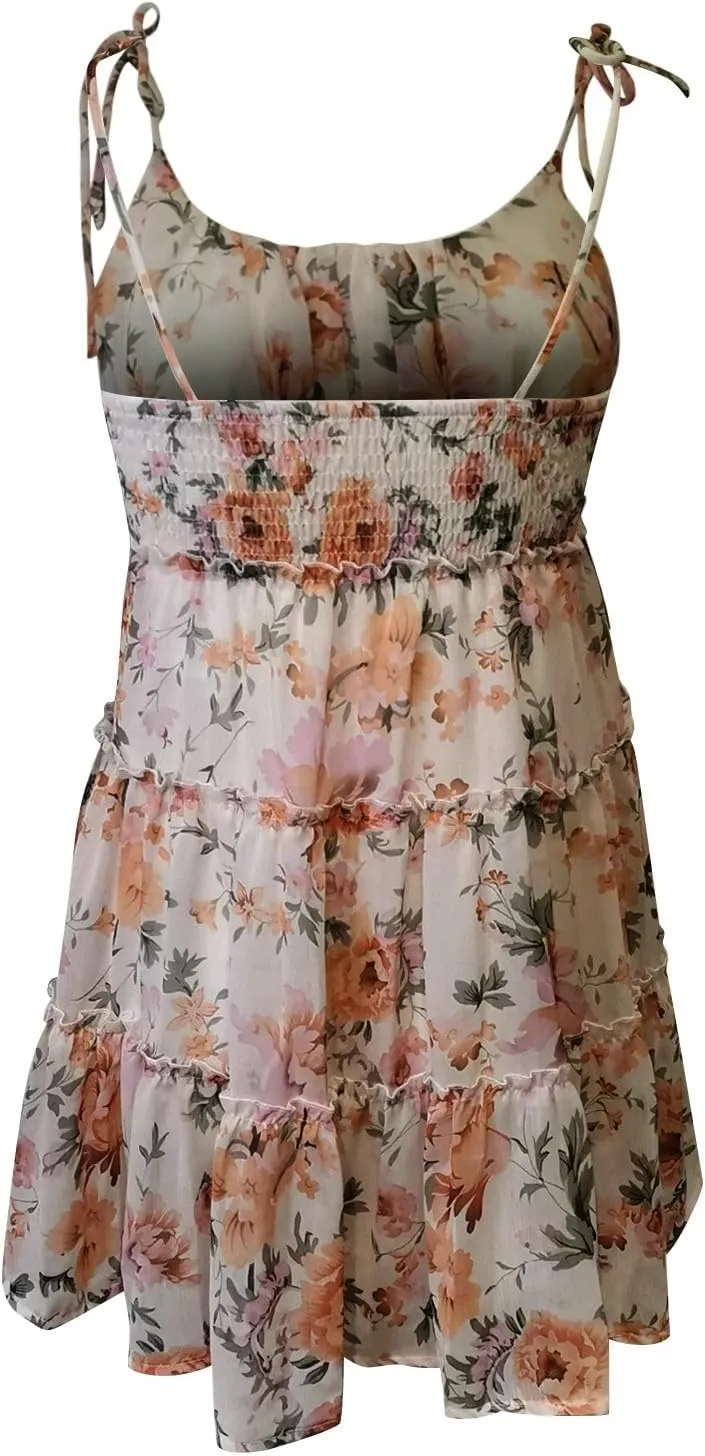 Floral Sundresses for Women Chiffon Mini Dress Spaghetti Strap A Line Vacation Dress Cute Smocked Sun Dresses