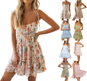 Floral Sundresses for Women Chiffon Mini Dress Spaghetti Strap A Line Vacation Dress Cute Smocked Sun Dresses