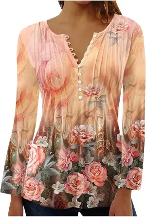 Flowy Tops for Women Empire Waist Vintage Floral Print Boho Tunic Tops Causal Long Sleeve Button Down Bohemian Shirts