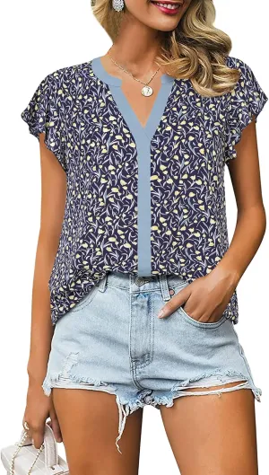 Gaharu Women's Notch V Neck Short Sleeve Chiffon Shirts Casual Lace Blouse Top