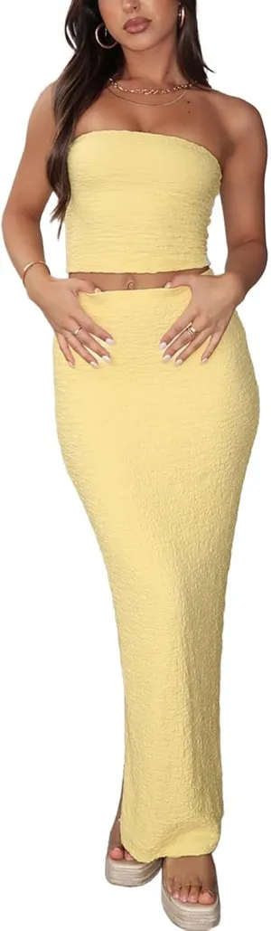 Halfword Women Sexy 2 Piece Outfits Strapless Tube Tops Maxi Skirt Set Y2K Crop top Summer Bodycon Vacation Going Out