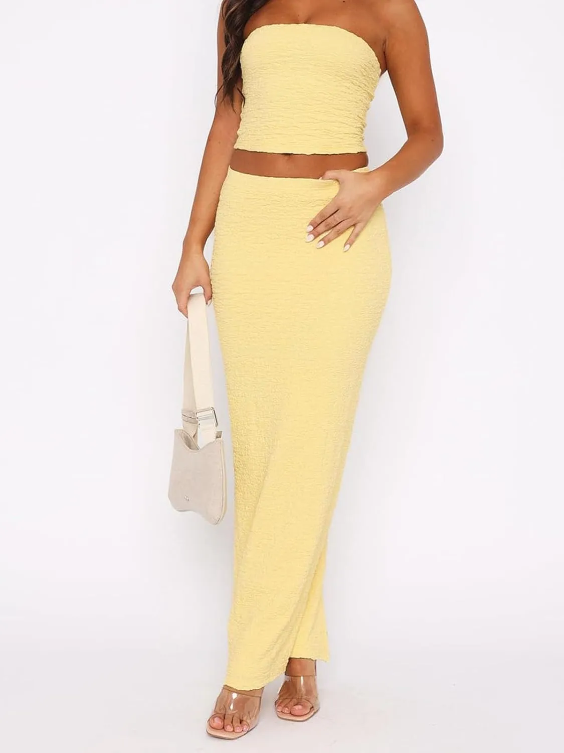 Halfword Women Sexy 2 Piece Outfits Strapless Tube Tops Maxi Skirt Set Y2K Crop top Summer Bodycon Vacation Going Out