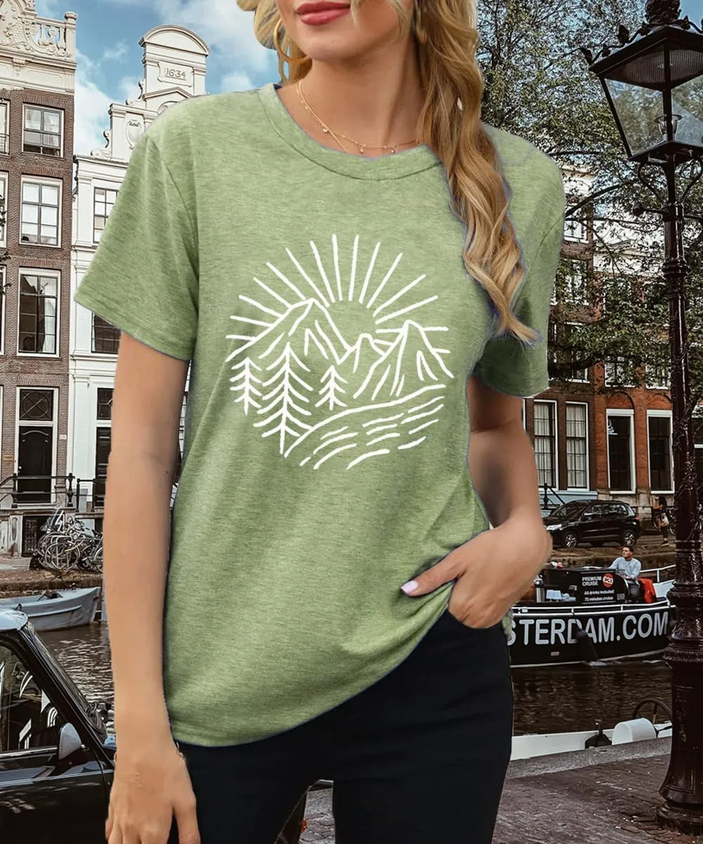 Hiking Mountain Tank Tops for Women Funny Pine Tree Sunrise Graphic Workout Tanks Summer Sleeveless Loose Fit Shirts Tops