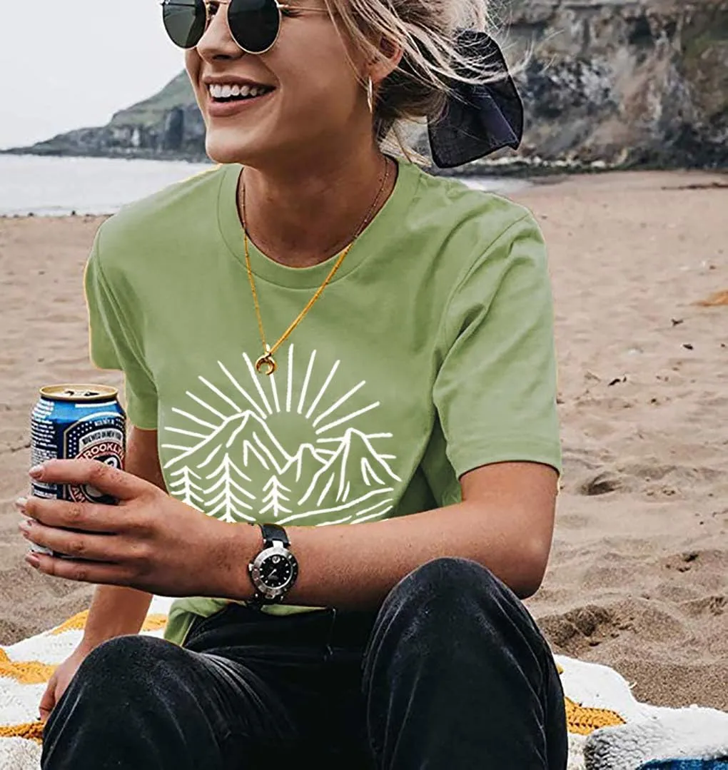 Hiking Mountain Tank Tops for Women Funny Pine Tree Sunrise Graphic Workout Tanks Summer Sleeveless Loose Fit Shirts Tops