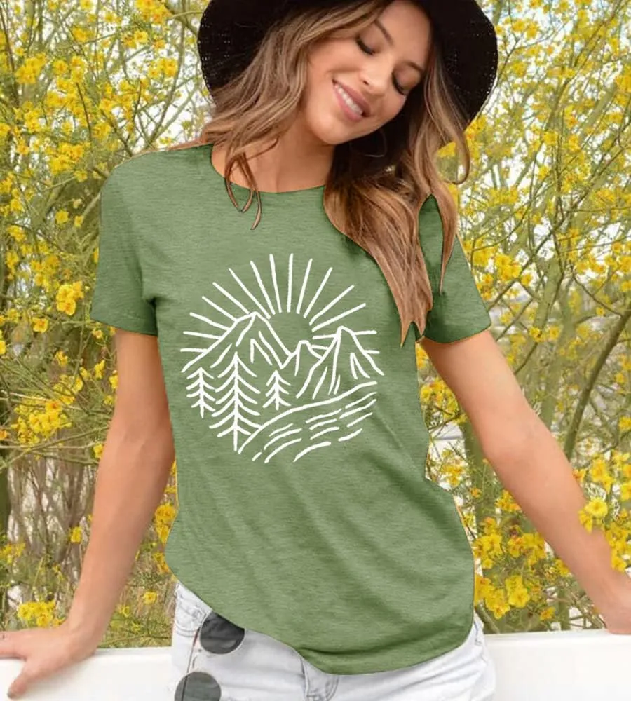 Hiking Mountain Tank Tops for Women Funny Pine Tree Sunrise Graphic Workout Tanks Summer Sleeveless Loose Fit Shirts Tops