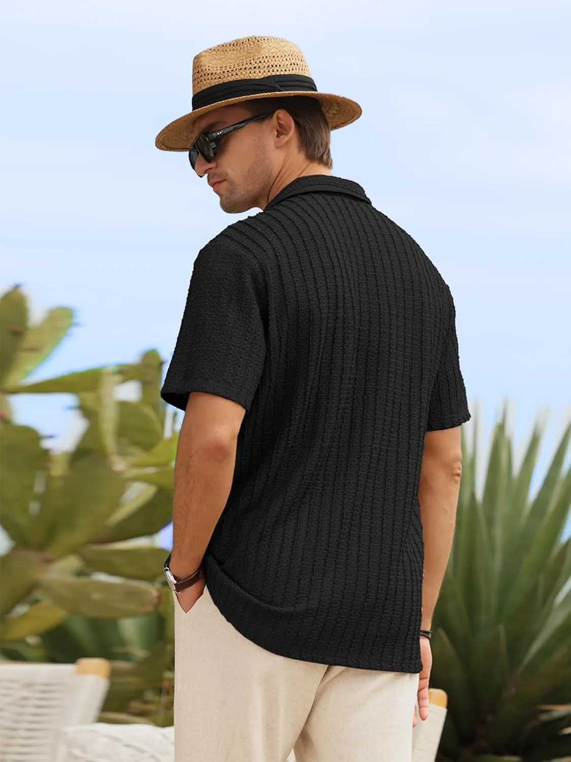HOTake Men's Casual Summer Beach Shirts Button Down Short Sleeve Crochet Guayabera Shirts
