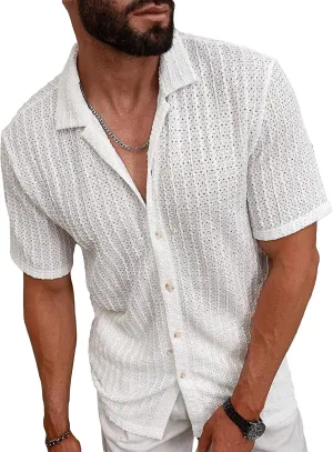 HOTake Men's Casual Summer Beach Shirts Button Down Short Sleeve Crochet Guayabera Shirts