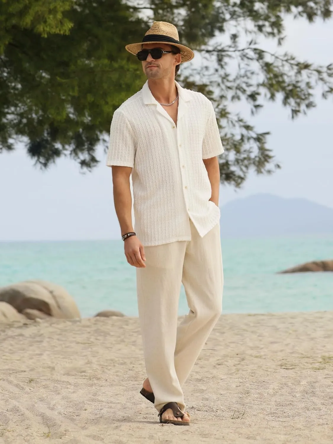 HOTake Men's Casual Summer Beach Shirts Button Down Short Sleeve Crochet Guayabera Shirts