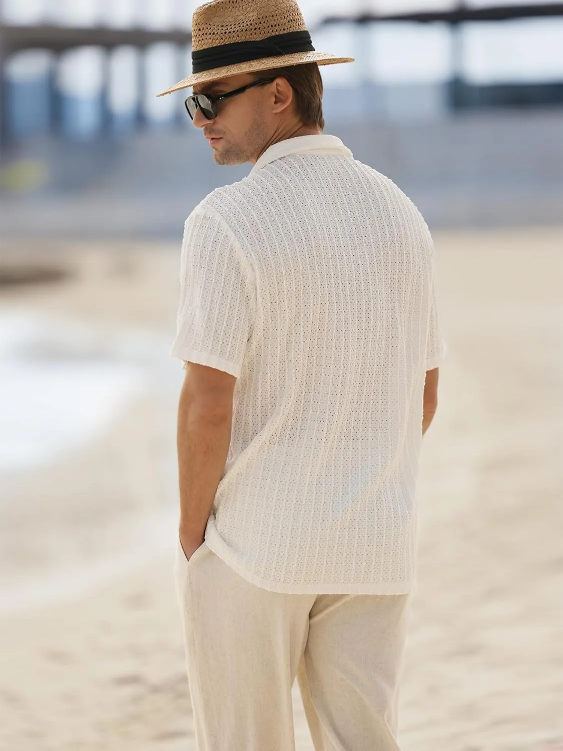 HOTake Men's Casual Summer Beach Shirts Button Down Short Sleeve Crochet Guayabera Shirts