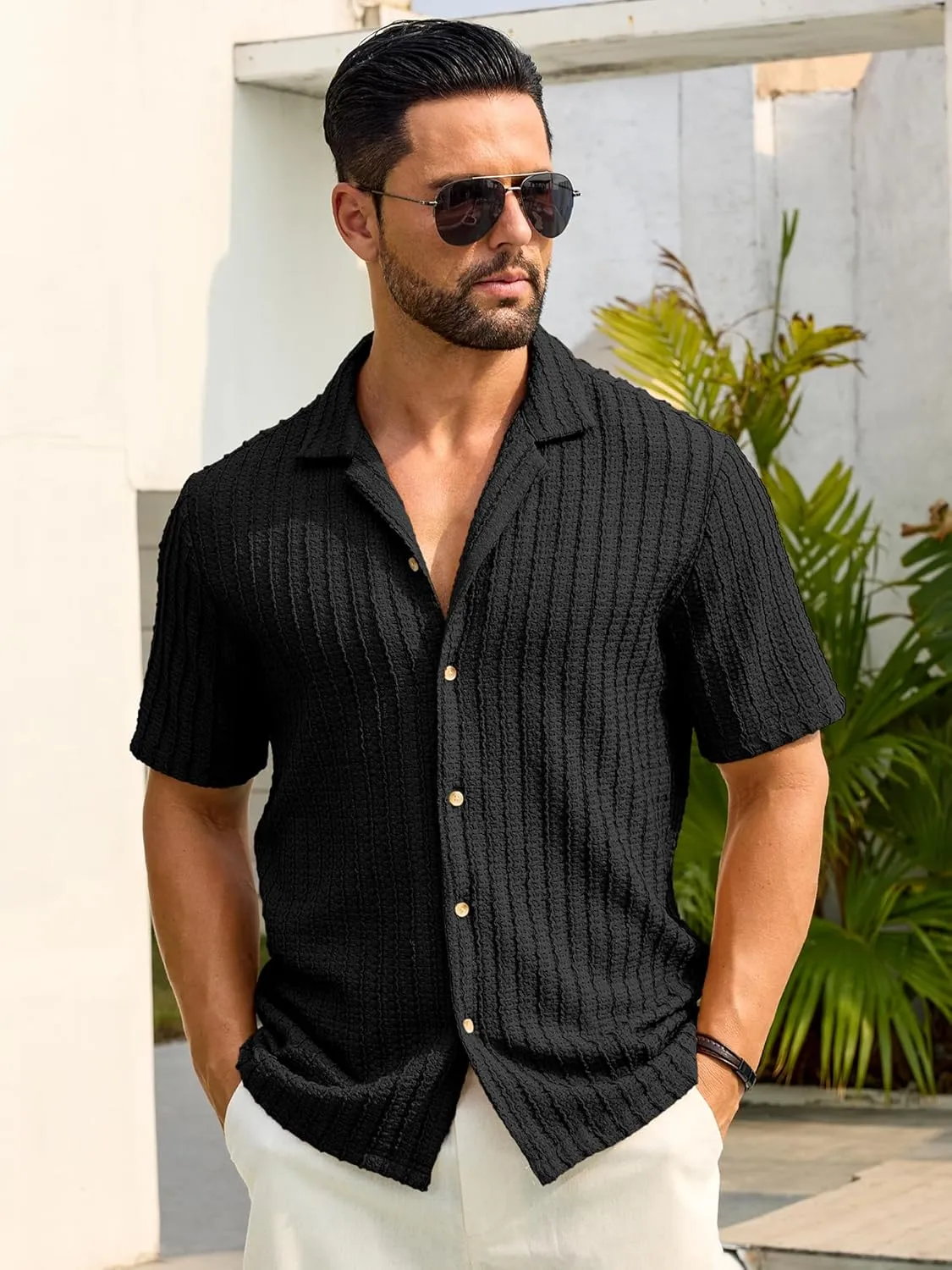 HOTake Men's Casual Summer Beach Shirts Button Down Short Sleeve Crochet Guayabera Shirts