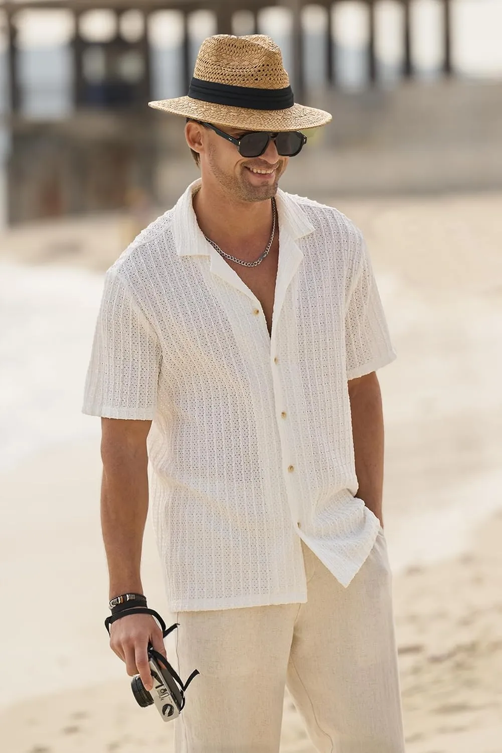 HOTake Men's Casual Summer Beach Shirts Button Down Short Sleeve Crochet Guayabera Shirts