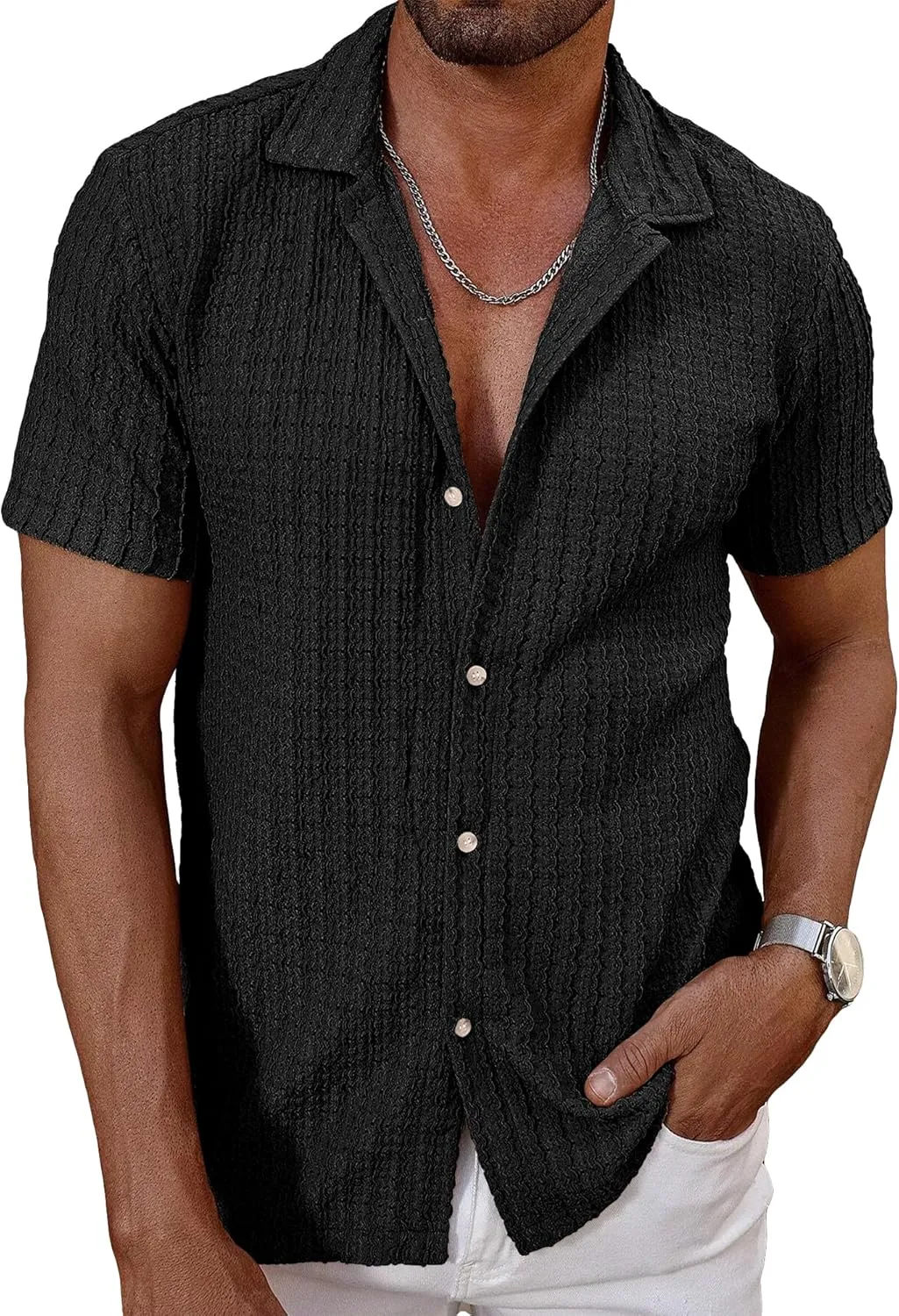 HOTake Men's Casual Summer Beach Shirts Button Down Short Sleeve Crochet Guayabera Shirts