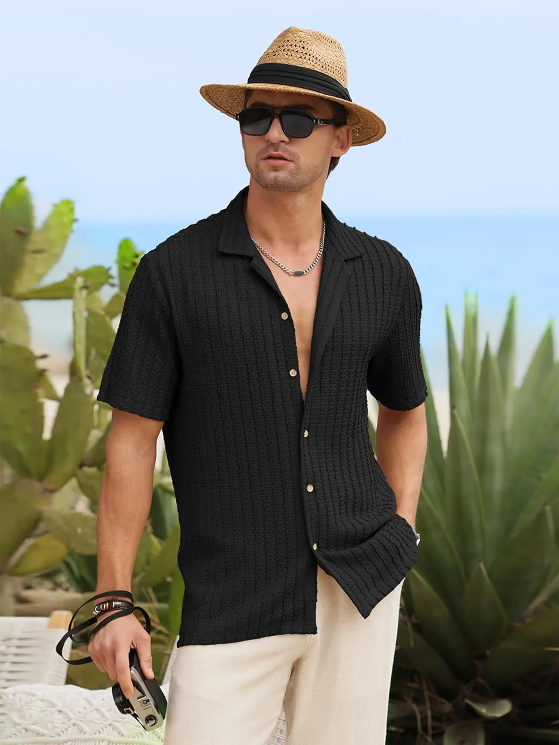 HOTake Men's Casual Summer Beach Shirts Button Down Short Sleeve Crochet Guayabera Shirts