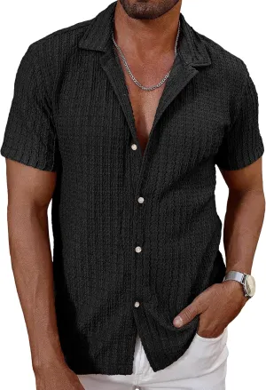 HOTake Men's Casual Summer Beach Shirts Button Down Short Sleeve Crochet Guayabera Shirts
