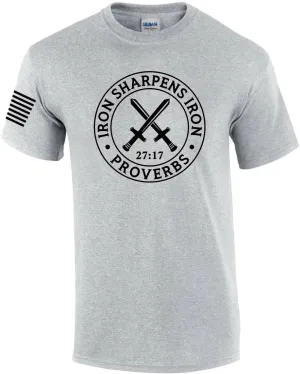 Iron Sharpens Iron Proverbs 27:17 Mens Christian American Flag Sleeve T-Shirt Graphic Tee