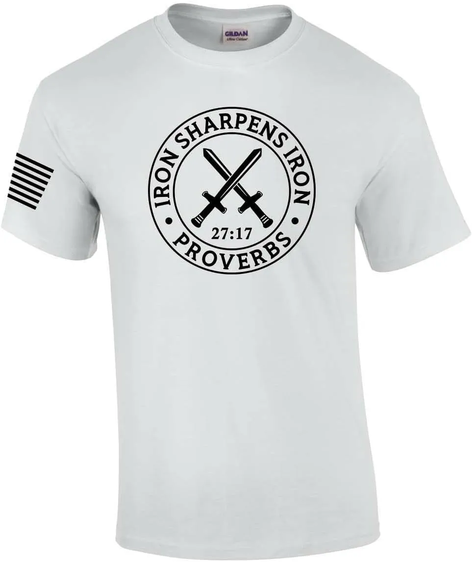 Iron Sharpens Iron Proverbs 27:17 Mens Christian American Flag Sleeve T-Shirt Graphic Tee