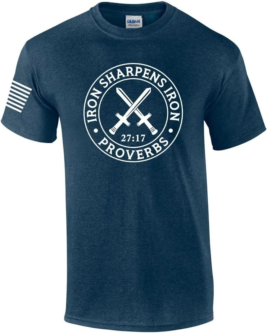 Iron Sharpens Iron Proverbs 27:17 Mens Christian American Flag Sleeve T-Shirt Graphic Tee