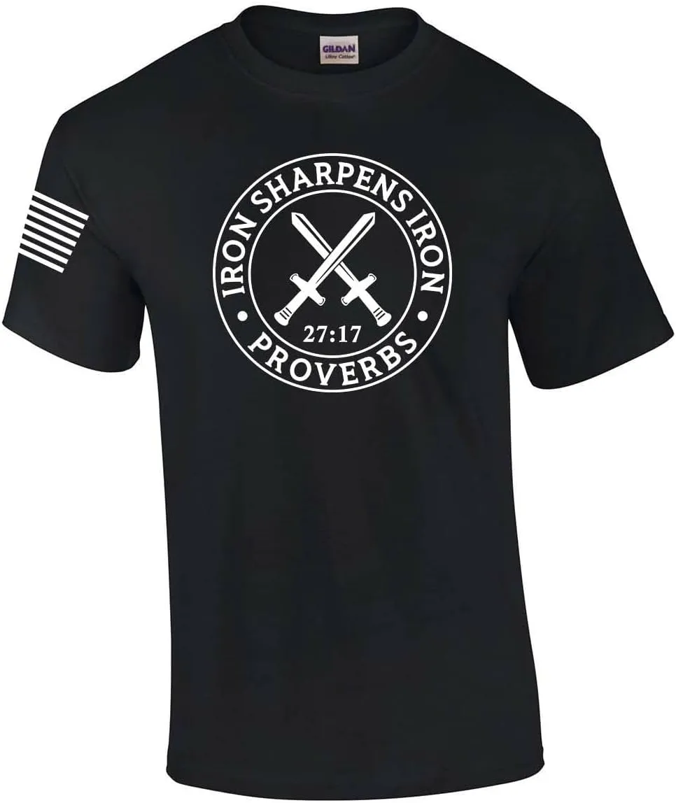 Iron Sharpens Iron Proverbs 27:17 Mens Christian American Flag Sleeve T-Shirt Graphic Tee