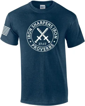 Iron Sharpens Iron Proverbs 27:17 Mens Christian American Flag Sleeve T-Shirt Graphic Tee