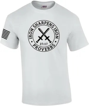 Iron Sharpens Iron Proverbs 27:17 Mens Christian American Flag Sleeve T-Shirt Graphic Tee