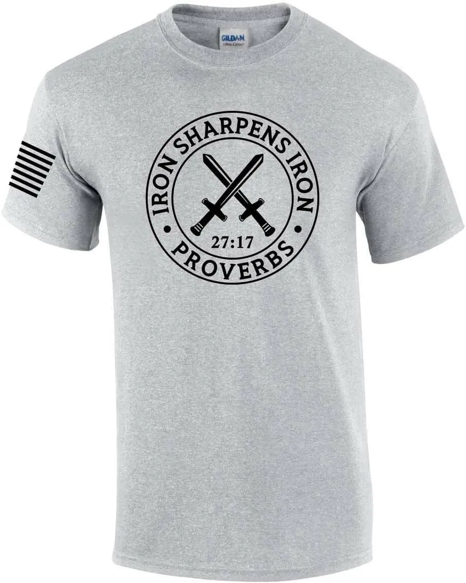 Iron Sharpens Iron Proverbs 27:17 Mens Christian American Flag Sleeve T-Shirt Graphic Tee