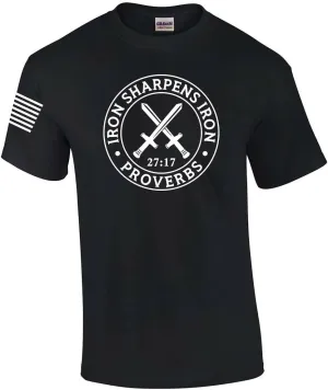 Iron Sharpens Iron Proverbs 27:17 Mens Christian American Flag Sleeve T-Shirt Graphic Tee