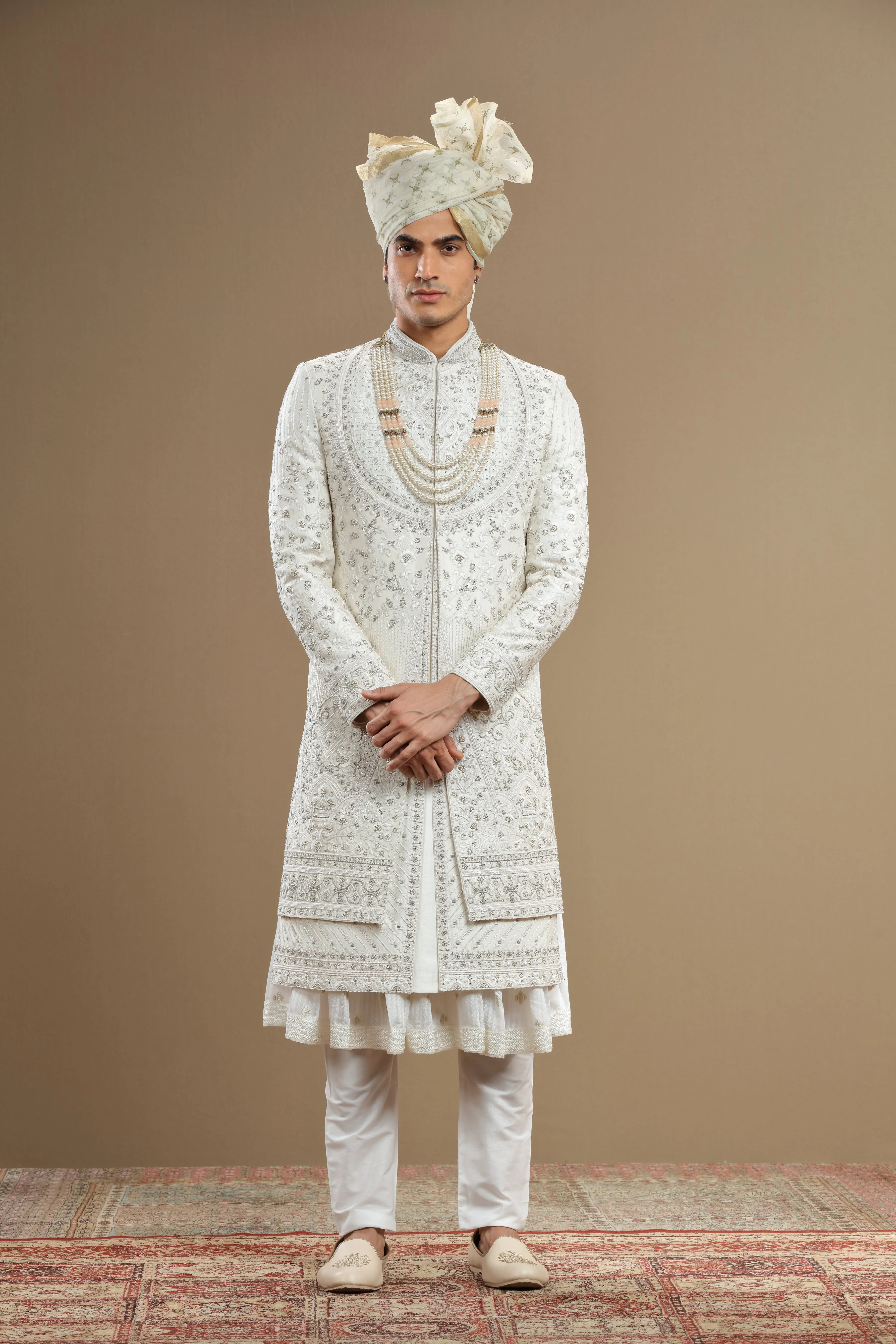Ivory Silk Hand Embroidered Sherwani Set With Anarkali