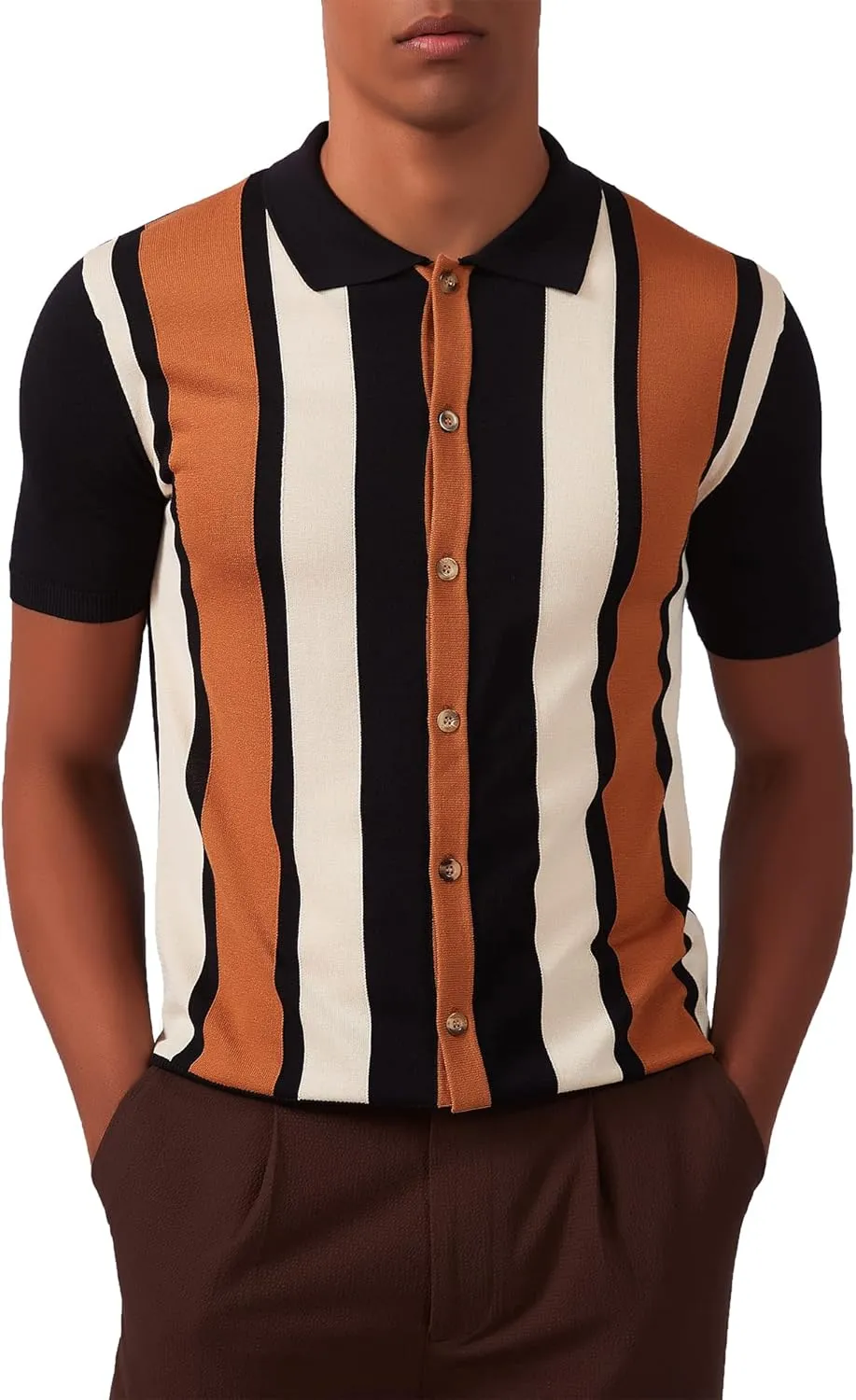 Kallspin Men's Vintage Knit Polo Shirt Short Sleeve Striped Button Down Knitting Golf Shirts