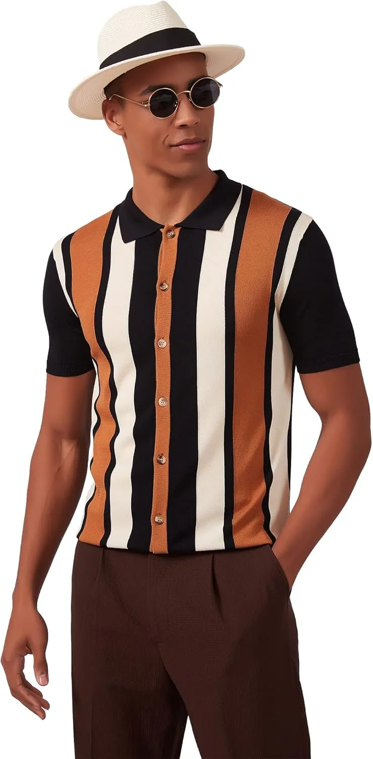 Kallspin Men's Vintage Knit Polo Shirt Short Sleeve Striped Button Down Knitting Golf Shirts