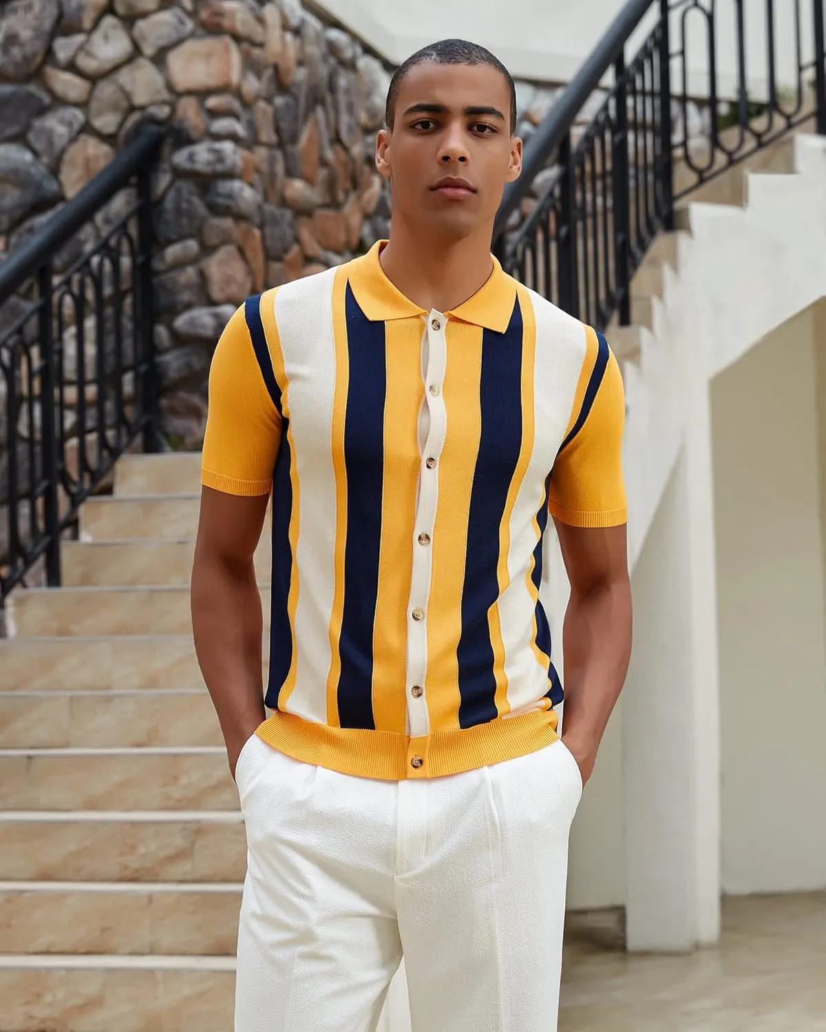 Kallspin Men's Vintage Knit Polo Shirt Short Sleeve Striped Button Down Knitting Golf Shirts