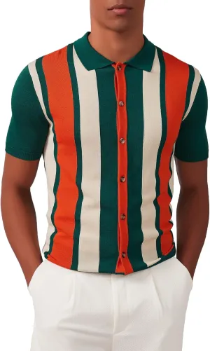 Kallspin Men's Vintage Knit Polo Shirt Short Sleeve Striped Button Down Knitting Golf Shirts
