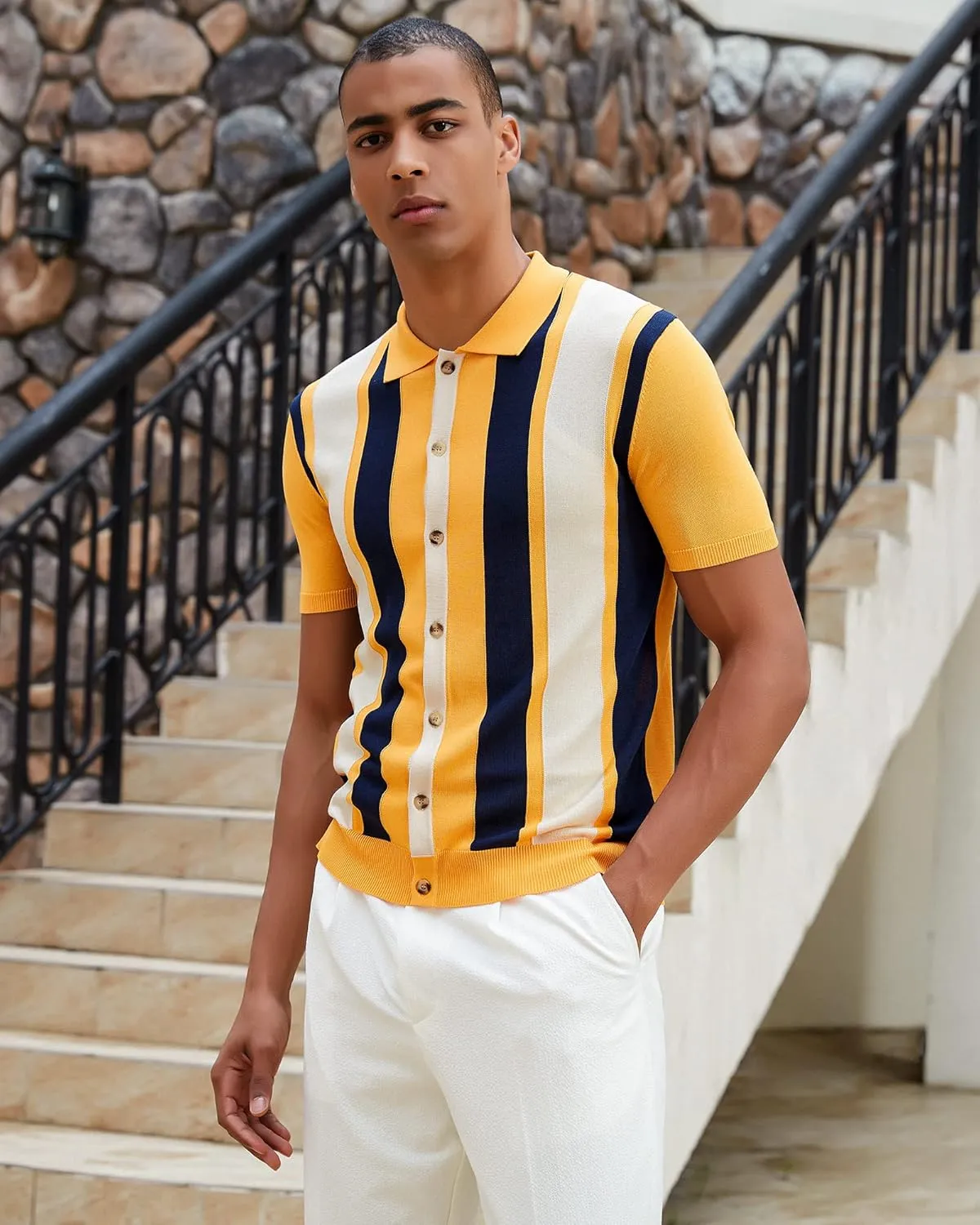 Kallspin Men's Vintage Knit Polo Shirt Short Sleeve Striped Button Down Knitting Golf Shirts