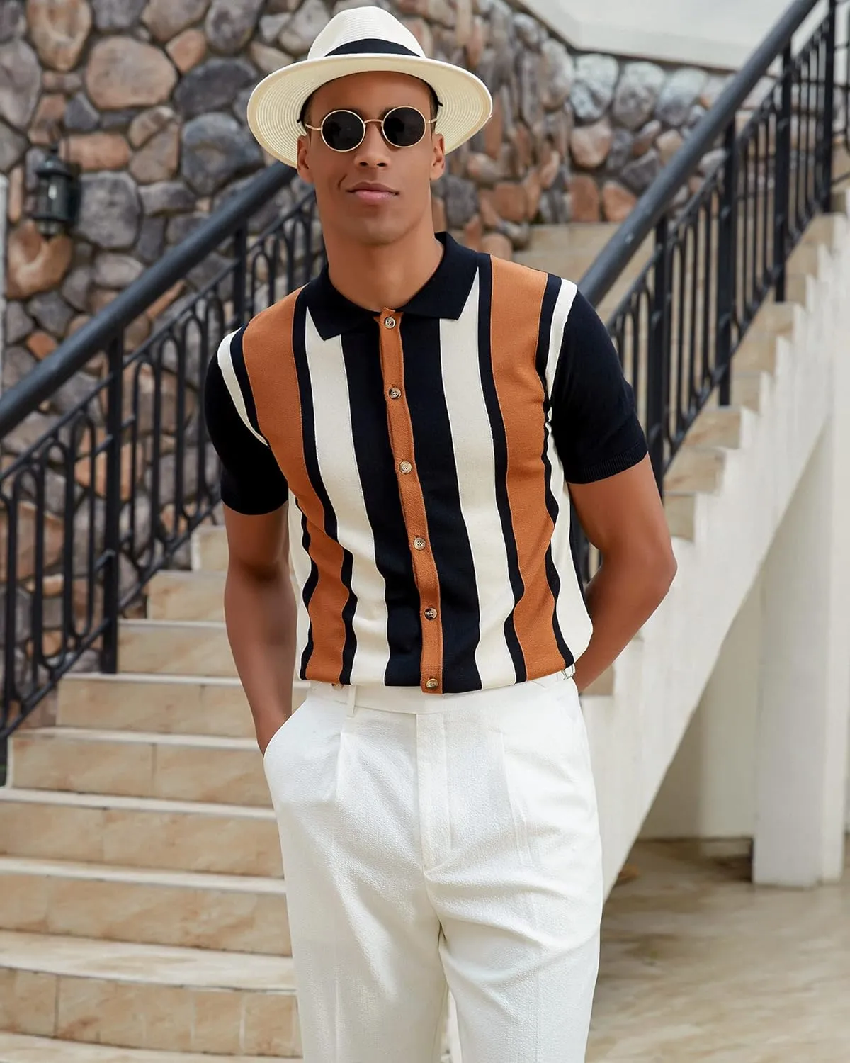 Kallspin Men's Vintage Knit Polo Shirt Short Sleeve Striped Button Down Knitting Golf Shirts