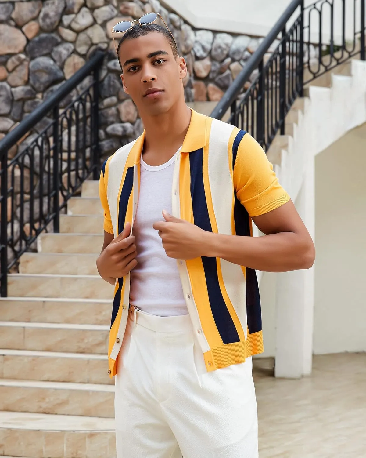 Kallspin Men's Vintage Knit Polo Shirt Short Sleeve Striped Button Down Knitting Golf Shirts