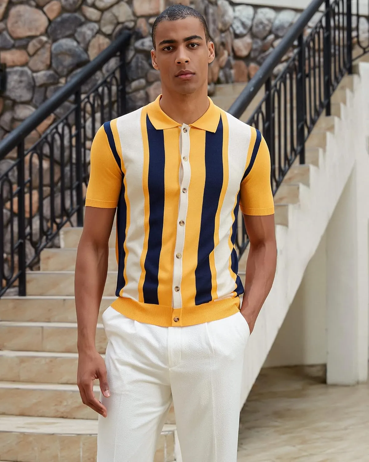 Kallspin Men's Vintage Knit Polo Shirt Short Sleeve Striped Button Down Knitting Golf Shirts