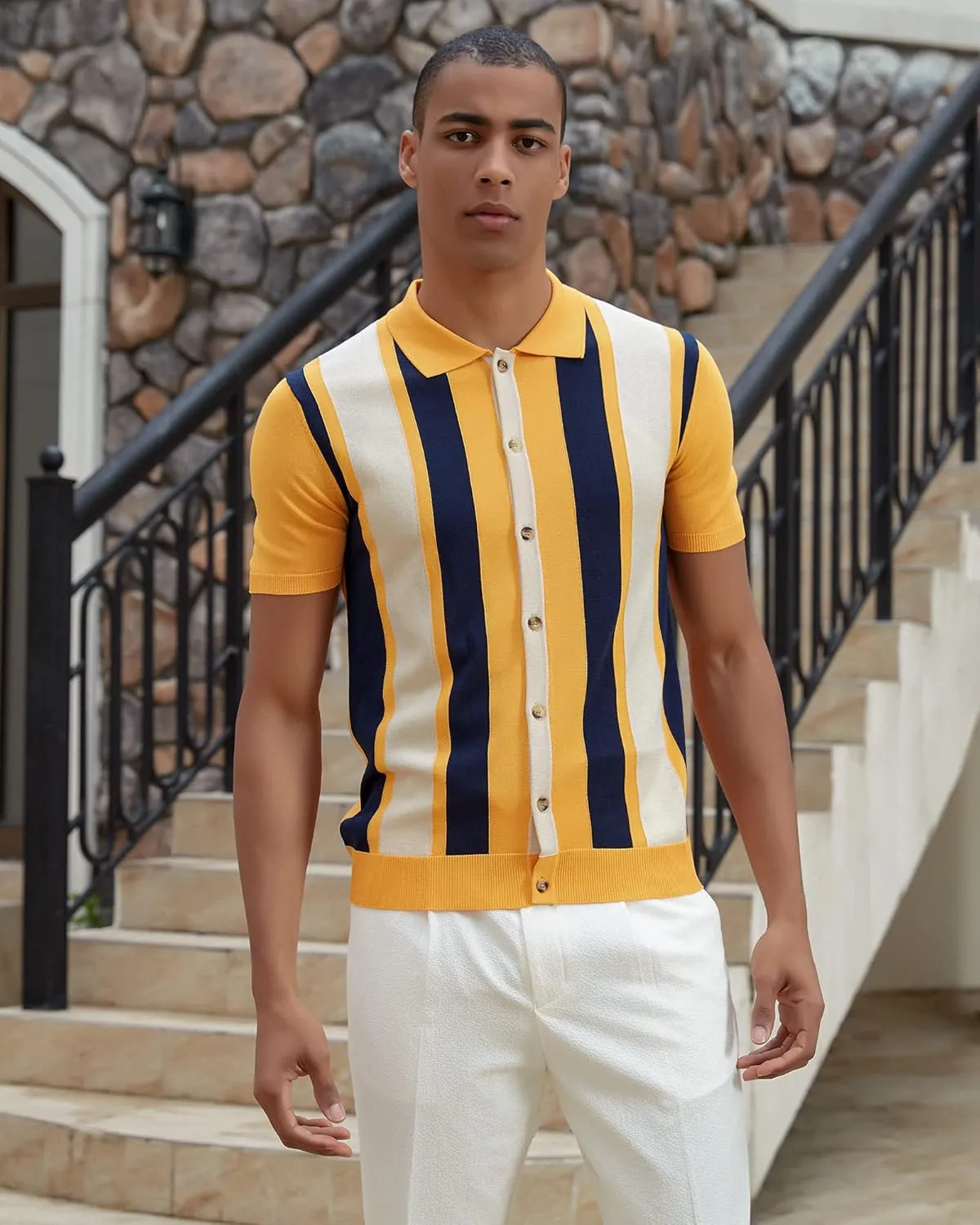Kallspin Men's Vintage Knit Polo Shirt Short Sleeve Striped Button Down Knitting Golf Shirts