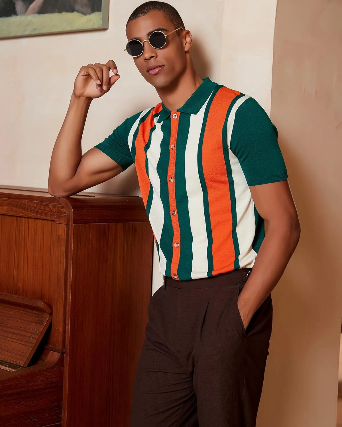 Kallspin Men's Vintage Knit Polo Shirt Short Sleeve Striped Button Down Knitting Golf Shirts