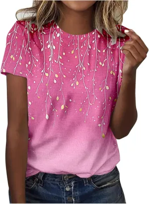 Ladie's 2025 Trendy Floral Print Round Neck T-Shirt for Summer Women Casual Loose Fit Boho Top Outfits