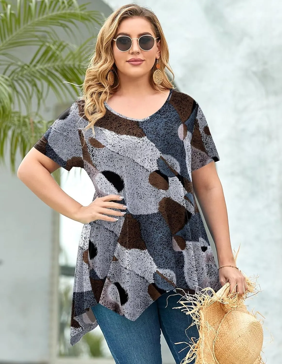 LARACE Plus Size Tops for Womens Summer Clothes Short Sleeve Shirts Casual V Neck Tunic Asymmetrical Blouses