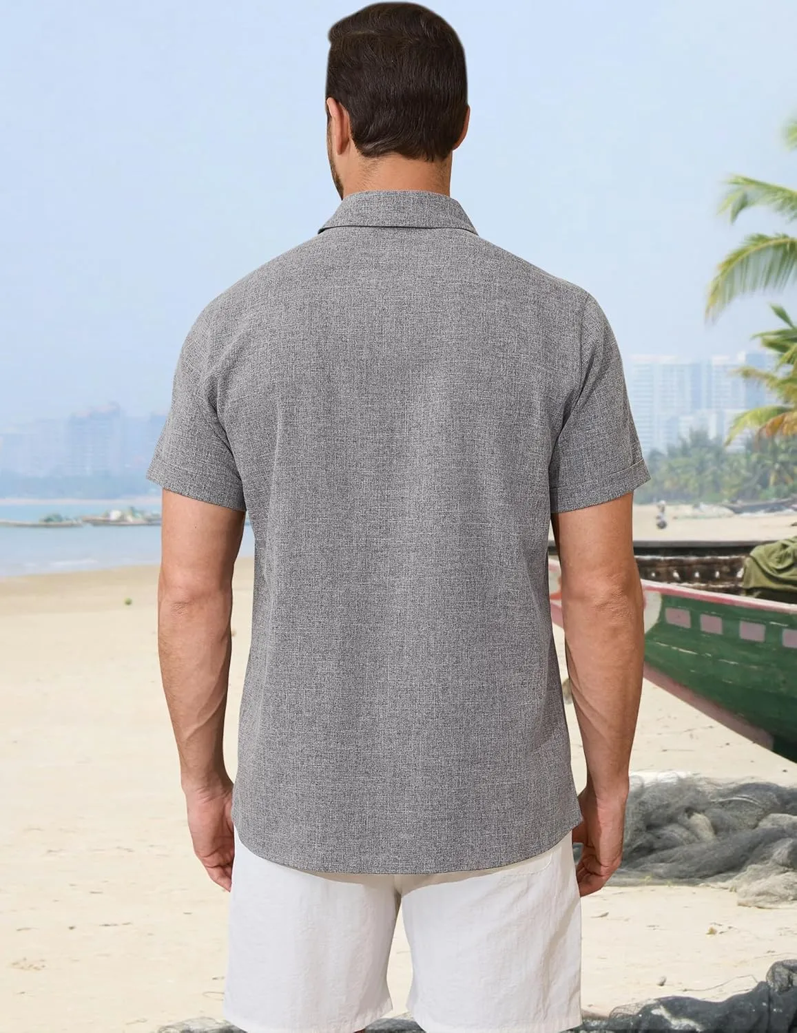 Linen Shirts for Men Button Down Beach Shirt Short Sleeve Men's Casual Summer Vacation Shirts