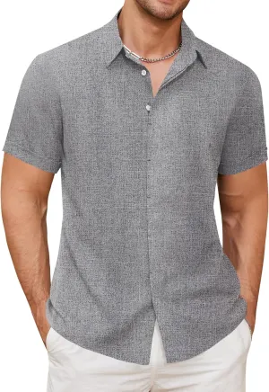 Linen Shirts for Men Button Down Beach Shirt Short Sleeve Men's Casual Summer Vacation Shirts