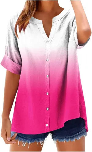 Linen Shirts Women Loose Fit Roll Up Short Sleeve Blouse Notch V Neck Button Down Tops Cute Print T-Shirt Summer 2025