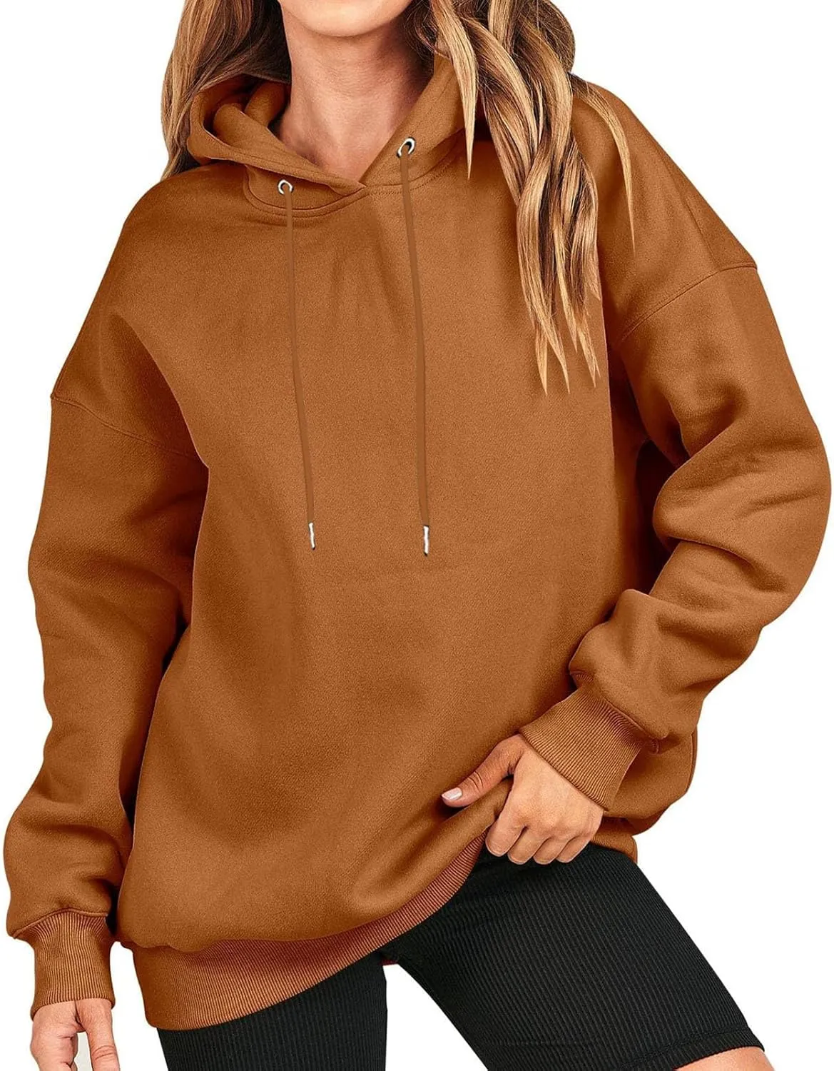 Loose Hoodies for Women Oversized Solid Drawstring Hood Long Sleeve Knit Hem Sweatshirts Autumn Casual Athletic Tops