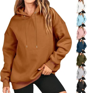 Loose Hoodies for Women Oversized Solid Drawstring Hood Long Sleeve Knit Hem Sweatshirts Autumn Casual Athletic Tops
