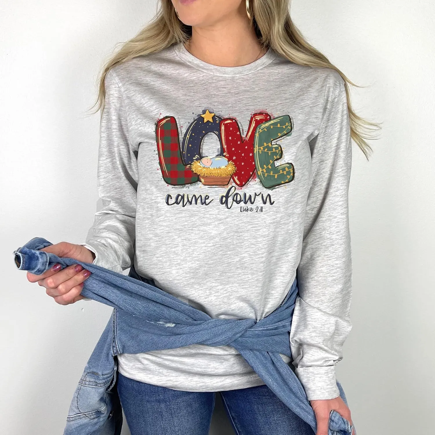 Love in Faith, Love Came Down Long Sleeve, Christian T-Shirts for Women, Graphic Tees, Faith Based Gifts, Heather Grey