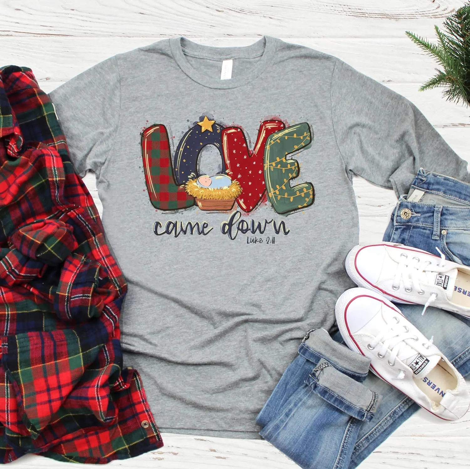 Love in Faith, Love Came Down Long Sleeve, Christian T-Shirts for Women, Graphic Tees, Faith Based Gifts, Heather Grey