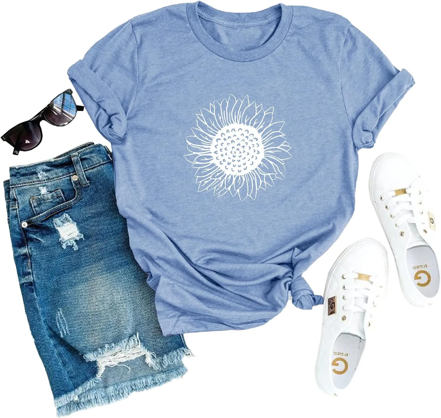 MaQiYa Womens Cute Sunflower Graphic Printed Tee Shirts Vintage Short Sleeve Cotton Shirts Tops