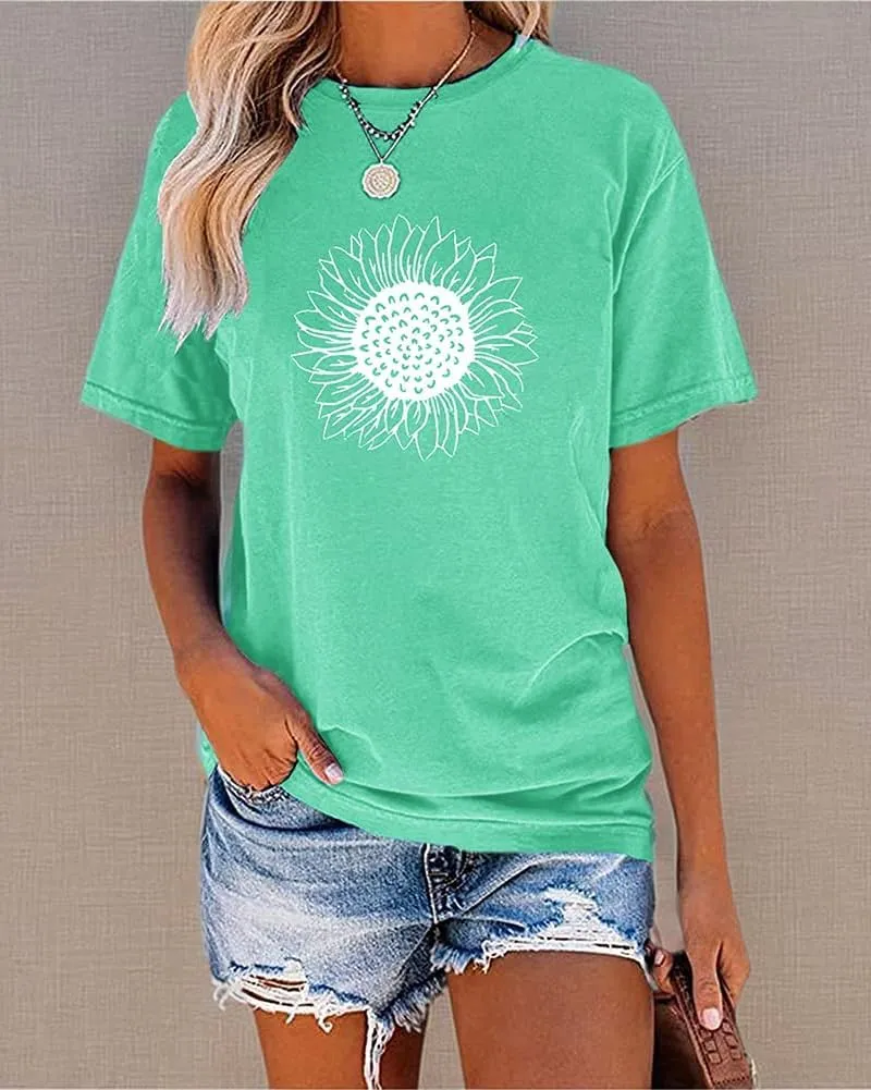 MaQiYa Womens Cute Sunflower Graphic Printed Tee Shirts Vintage Short Sleeve Cotton Shirts Tops