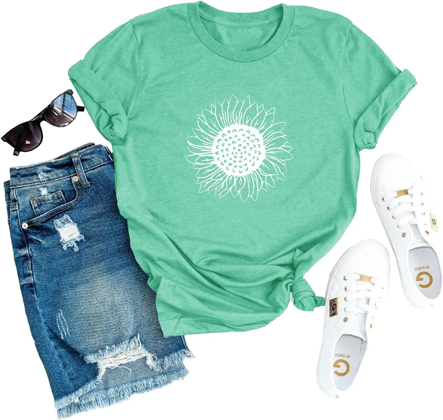 MaQiYa Womens Cute Sunflower Graphic Printed Tee Shirts Vintage Short Sleeve Cotton Shirts Tops